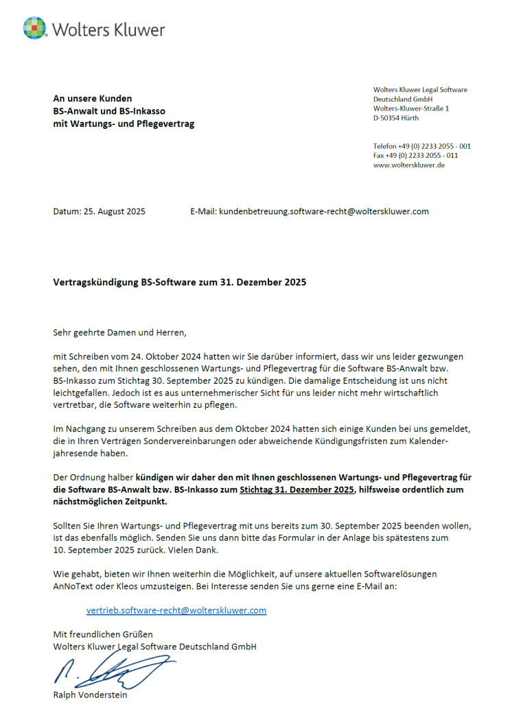 Kündigungsschreiben Wartungsvertrag BSAnwalt